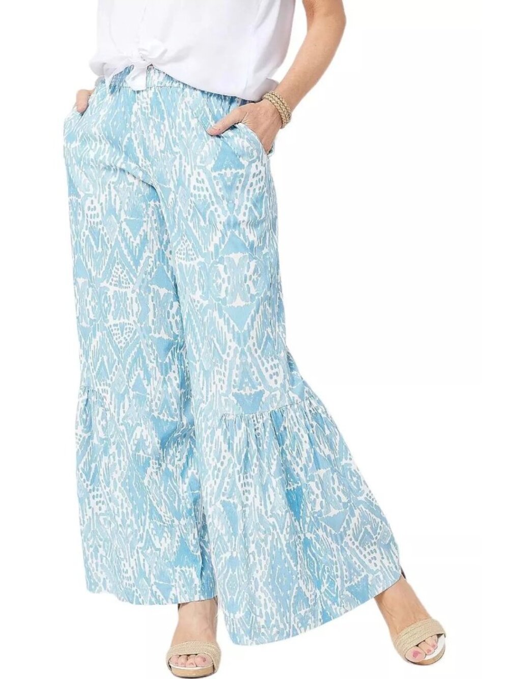 Tolani Collection Petite Printed Palazzo Pants Half Tier Womens M Blue Aztec NEW
